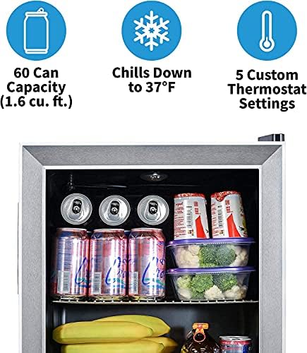 Kompakt İçecek Buzdolabı ve Cam Kapılı Soğutucu, 60 Kutu Kapasiteli Bağımsız Paslanmaz Çelik Mini Buzdolabı, 5 Termostat Ayarı