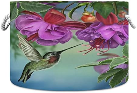 xigua Fuşya Çiçekler Hummingbird Yuvarlak Depolama Sepeti Çöküşü Tuval Kumaş Depolama Bin Düzenlemek için Kolları ile Ev/Mutfak/Çocuk
