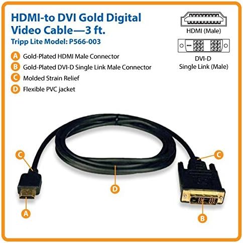 Tripp Lite HDMI-DVI Kablosu, Dijital Monitör Adaptör Kablosu (HDMI-DVI-D M/M) 3-ft.(P566-003), Siyah