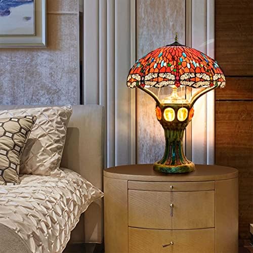 QQYY Tiffany tarzı masa lambası, 20 büyük kırmızı yusufçuk vitray komidin lambası 4 ışık çalışma masası lambası ile Vintage antik