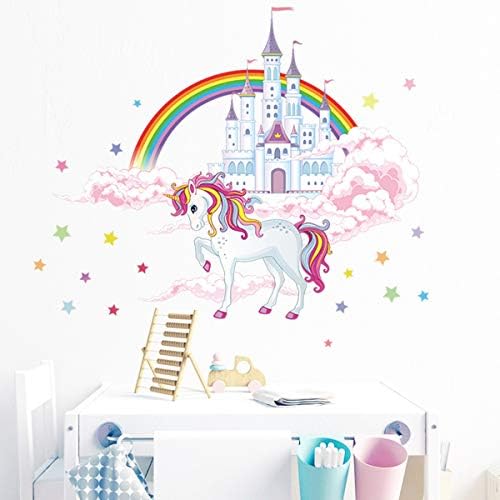 Reyoust Unicorn Duvar süslü çıkartmalar Unicorn Gökkuşağı Duvar Dekor ile Kaleler Yıldız Bulutlar Kız Çocuklar için Yatak Odası
