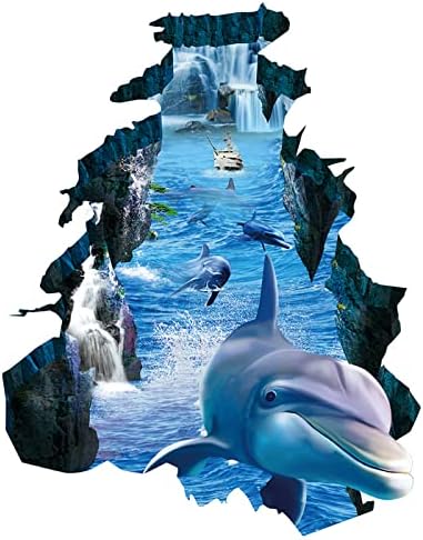 Okyanus Dünya duvar çıkartmaları, 3D Mavi Yunus 3D Köpekbalığı Kırık duvar çıkartmaları Tropikal Balık DIY Duvar Çıkartmaları