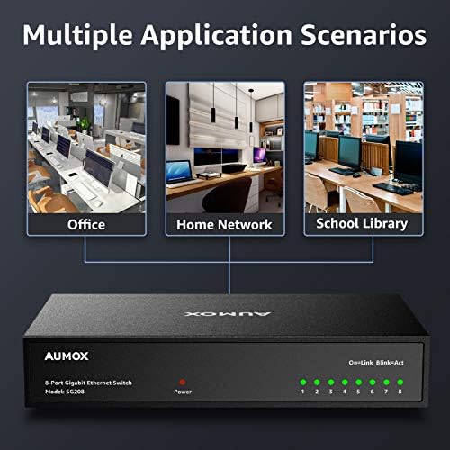 Aumox 8-Port Gigabit Yönetilmeyen Ethernet Anahtarı, İş Ethernet Splitter, Ev Ağı Hub, Masaüstü ve Duvara Montaj, Fansız Metal