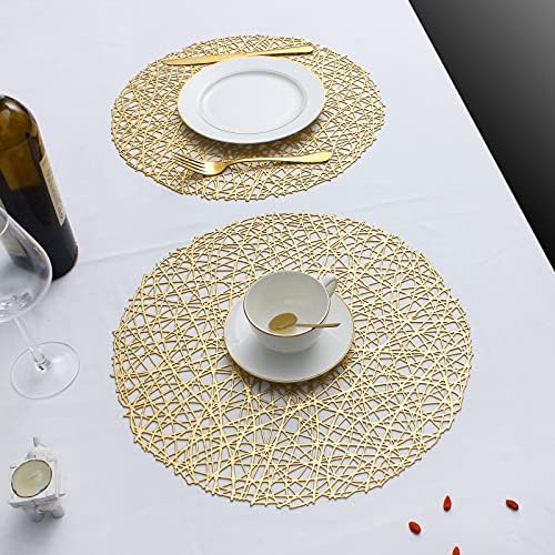 Evevda Altın Yuvarlak Placemats Yemek Masası için 6 Set Metalik Preslenmiş Vinil Daire Masa Paspaslar Silinebilir Hollowout Yer