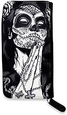 LiquorÇingene Gül kadın Zip Etrafında Debriyaj Cüzdan / Ölü Goth Gotik Rockabilly Dia De Los Muertos Şeker Kafatası Baskı