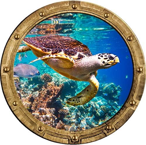 12 Liman Scape Mercan Resif Hawksbill Deniz Kaplumbağası Porthole Rustik 3D Pencere Duvar Çıkartması Vinil Sticker Okyanus Balık