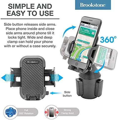 Brookstone Bardak Tutucu Araç Telefonu Montajı, Kolay ve Güvenli Tutma, Çoğu Araç Tutucusuna Ayarlanabilir, 360 Derece Döndürme,