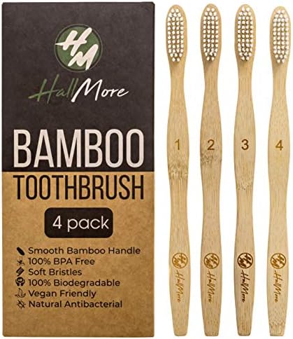 HallMore Bambu Diş Fırçası, Biyobozunur Yumuşak Kıllar Diş Fırçaları, 4 Paket