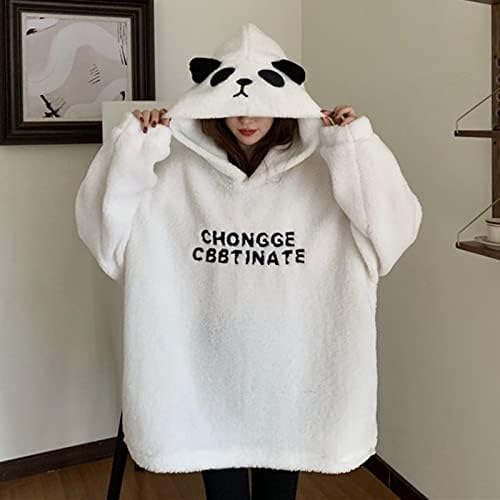 Panda peluş kazak kadınlar için damla omuz kapüşonlu boyun kazak uzun kollu sevimli gevşek sonbahar Hoodie
