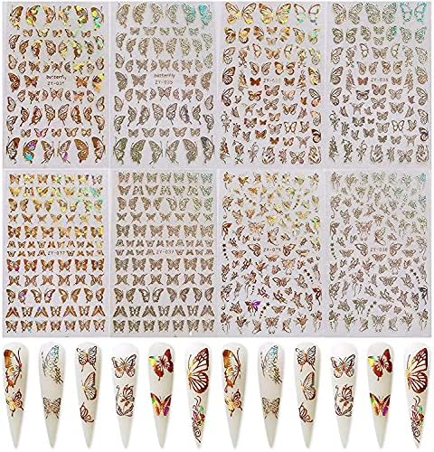 8 Sayfalık Kelebek Şekli Nail Art Yapıştırıcı Sticker Çıkartması Farklı Lazer Glitter Altın Gümüş Renk Kelebek Nail Art Folyo