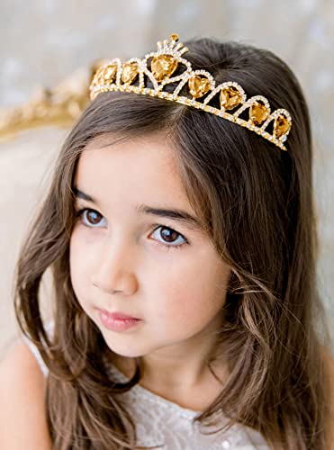 SWEETV Prenses Belle Tiara Kızlar için, Doğum Günü Tiara Hediye Çocuklar için, sarı Kalp Şekilli Kristal Taç Çiçek Kızlar için,