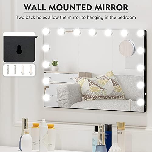 YOUDENOVA Işıklı Makyaj Aynası, 15 Kısılabilir LED Ampul ve Şarj Portlu Hollywood Aynası, Yatak Odası için Masa Üstü veya Duvara