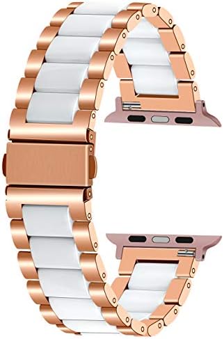 Juntan Gül Altın Paslanmaz Çelik Beyaz Seramik saat kayışı ile Uyumlu Apple Watch 42mm 44mm iWatch SE için Moda Bayan Erkek Bileklik
