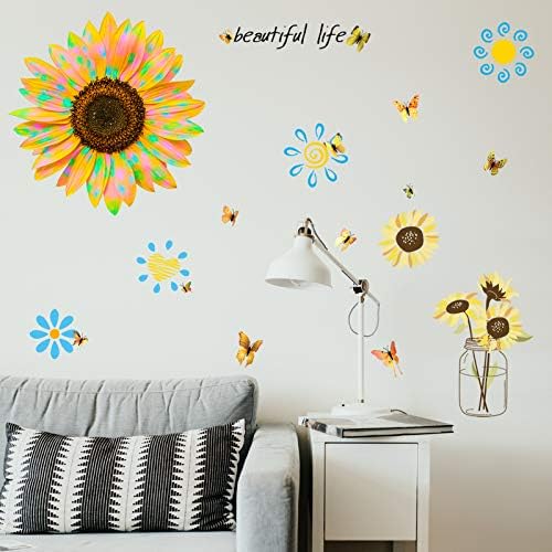 DİLİBRA Ayçiçeği Duvar çıkartmaları ile 12 ADET 3D Sarı Kelebek, dalga Noktası Çiçekler DIY Sanat Çıkarılabilir Kabuğu ve Sopa