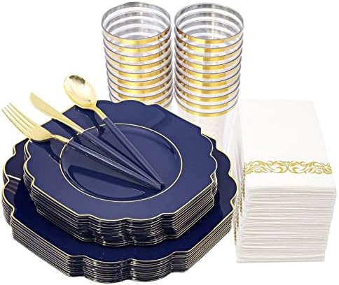 50 Adet Mavi Plastik Tabaklar ve Altın Gümüş Tek Kullanımlık Parti Sofra Seti Yetişkin Doğum Günü Partisi Dekorasyon Düğün Sofra