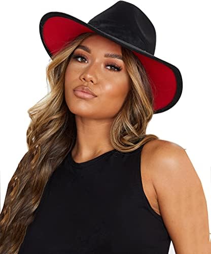 Erkekler ve Kadınlar için iki Tonlu Geniş Kenarlı Panama Fötr Şapkalar Panama Klasik Caz Şapkası (Siyah / Kırmızı 1 adet, M:56-58cm/22.4-23inch)