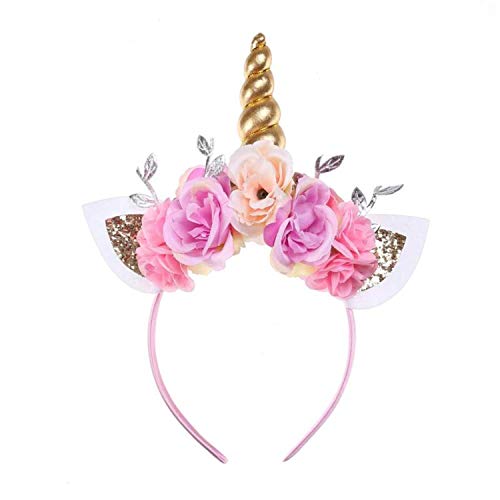 Çocuk Kız Unicorn Kafa Bandı Altın Boynuz Kulaklar Çiçek Kafa Bandı Glitter Boynuz Kafa Bandı Çiçekler Şapkalar Aksesuar