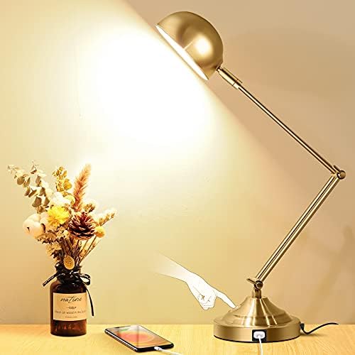 USB Portu ile mimar Altın Masa Lambası Kısılabilir, ayarlanabilir Dokunmatik Kontrol Vintage Masa Lambası 3 Renk Modu, pirinç