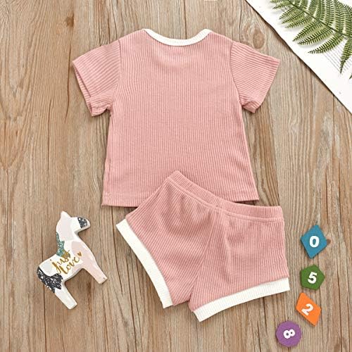 Bebek erkek bebek kız Nervürlü Kıyafet Kısa Kollu Örgü T-Shirt Üst Şort Set Yaz Giyim