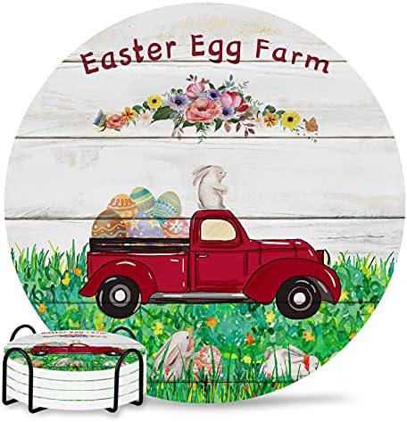 Bahar Paskalya Çiftliği Bunny Bardak İçecek, 4 Parça Bardak Tutucu ile Kırmızı Kamyon Renkli Yumurta Emici Seramik Taş Yuvarlak