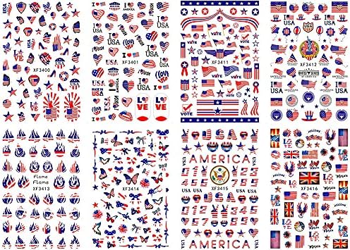 4th Temmuz Tırnak Çıkartmalar Çıkartması Bağımsızlık Günü Nail Art Sticker Malzemeleri 8 Levha Amerikan Bayrağı Yurtsever Yanlış