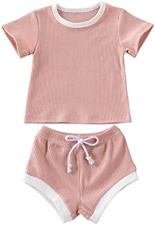 Yaz Yenidoğan Erkek Bebek Kız Giysileri Set Unisex Nervürlü Kıyafet Katı Pamuk Kısa Kollu Üstleri Şort 2 ADET