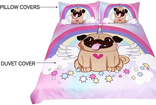 ARİGHTEX Unicorn Pug Yatak Unicorn Yatak Ikiz Kızlar için 3 Parça Sevimli Yavru Köpek Nevresim Gökkuşağı Yıldız Karikatür Yatak