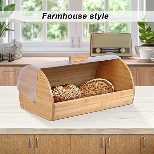 Bambu Ekmek Kutusu, Mutfak Tezgahı için Büyük Ekmek Kutusu, Çiftlik Evi Retro Ekmek Kutusu w / Şeffaf Rulo Üstü, Tamamen Monte