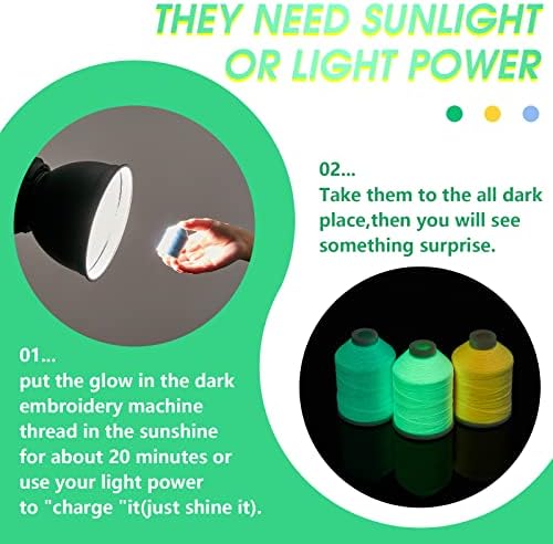 3 Makaralar 1094 Yard Karanlıkta Parlayan Nakış Makinesi İpliği Karanlıkta Parlayan İplik Seti Yeşil Sarı Beyaz Karanlıkta Parlayan