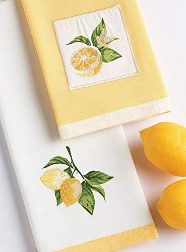 Tasarım, Lemon Bliss Masa Örtüleri, 18 inç x 28 inç Bulaşık Havluları, 2 Set, 1 Limon Dilimlenmiş Süslenmiş ve 1 Limon Dalı Süslenmiş