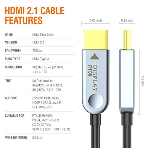 HongFlux 8K HDMI 2.1 Fiber Optik Kablo 65FT Ultra yüksek Hızlı 48gbps 4K 120Hz 8K 60Hz İnce İnce Esnek